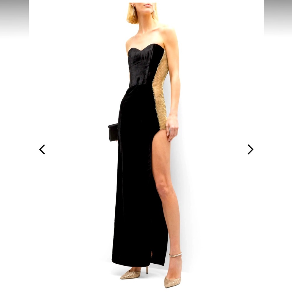 Santa Brands Crystal Velvet Strapless Slit Gown